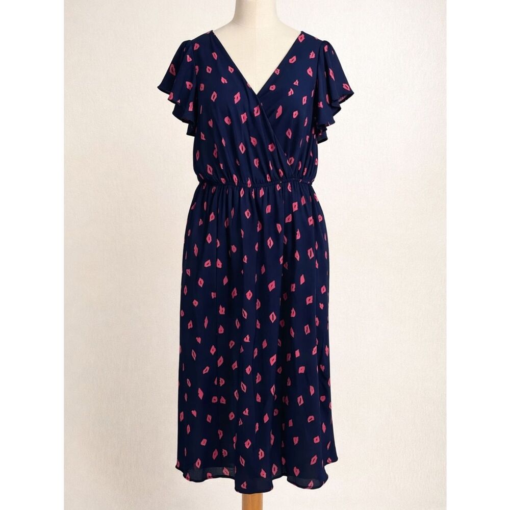 ModCloth Pink Lips Print Blue Dress 1X Short‎ Sleeve Retro Kitsch Artsy Office